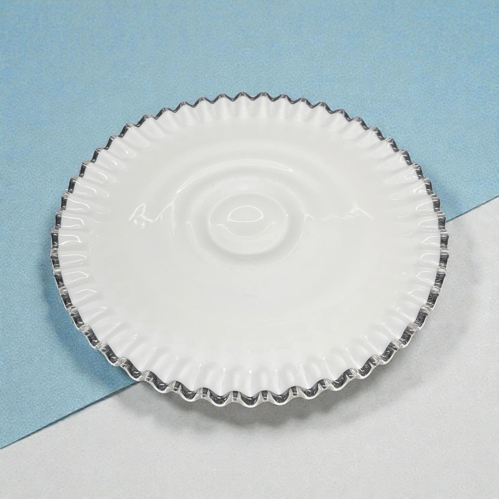 Vintage Fenton Silver Crest Low Pedestal Cake Stand Plate Milk Glass Crimped 12"